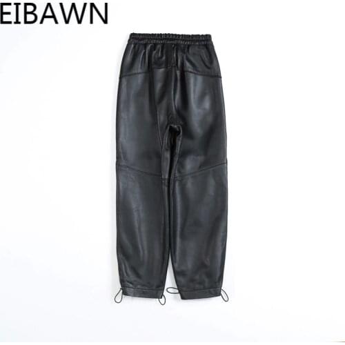 2020 Autumn New LeatherPants Womens Sheep Skin Nine-point Pants Casual Harem Pants Elastic Waist Boots Pants Bloomers