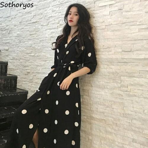 Dress Women Polka Dot Black Elegant 4XL Plus Size Korean Oversize Travel All-match Simple V-neck Students Casual Ankle-Length