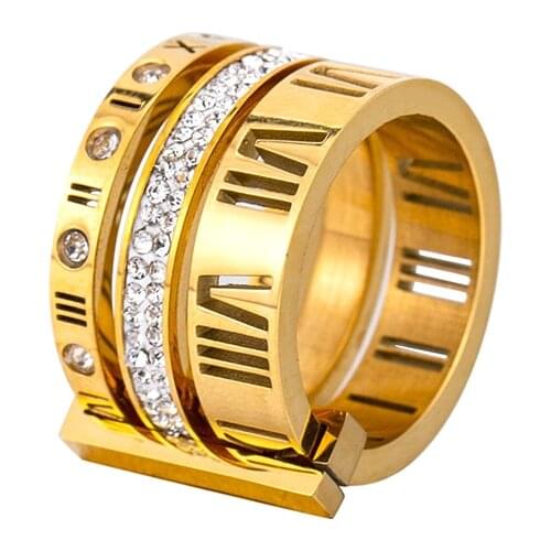 Luxury Vintage Finger Decor Titanium Steel Rose Gold Roman Number Zircon Letter Rings For Women Party