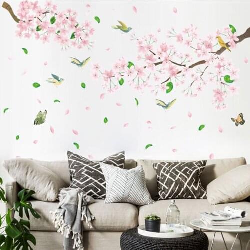 Pink Branches Flower and Bird Wall Stickers Fo'r Living Room Bedroom Study Background Romantic Art Mural
