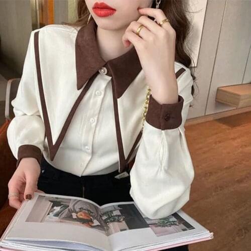 Red Button Up Shirt White Long sleeve Turn Down Collar Blouse Women Tops Korean Fashion Clothing Office Lady Work Shirts Blusas