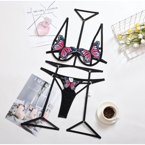 Sexy Butterfly Lingerie Hollow Out Bra and Panty Set Womens Underwear Female 3 Piece Set Lingerie Transparent Bra Set