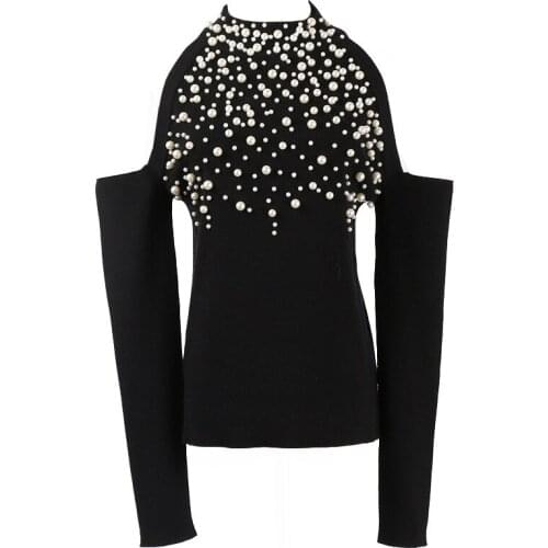 New Fashion Autumn Winter Women Sweaters Europe America Knitted Sweater Tops High quality Pearl beaded Bare Shoulders Feminino