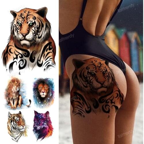 Tiger temporary tattoo sticker animal lion king wolf fx forest sexy tatoo for women girls beauty thigh leg tattoos large big