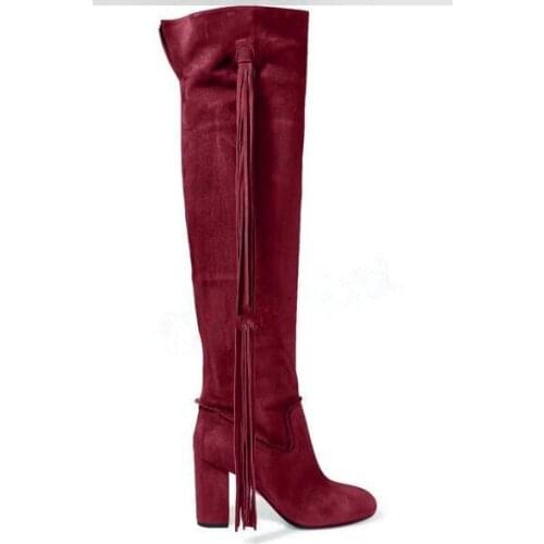 New square high heels over the knee high motorcycle boots for women wine red long tassels fall winter long boots size 35-42