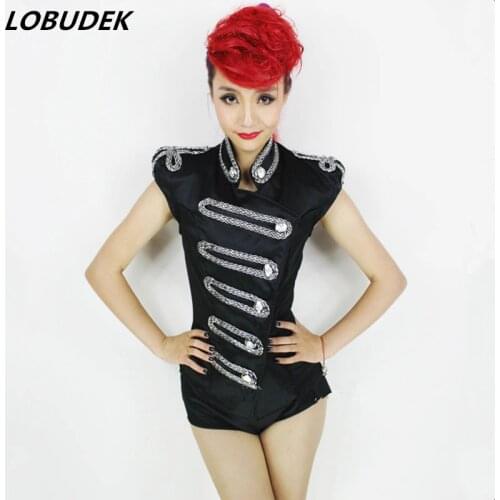 Women Dancer Military uniform Teams Jazz DS Costume Black Red Bodysuit Festival Drum Band Performance Outfit Bar Singer jumpsuit