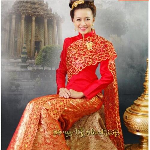 Thailand Traditional Wedding Dress Red Women clothing Red Embroidery Spring