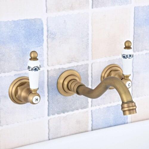 Antique Brass Widespread Wall-Mounted Tub 3 Holes Dual Ceramic Handles Kitchen Bathroom Tub Sink Basin Faucet Mixer Tap asf531