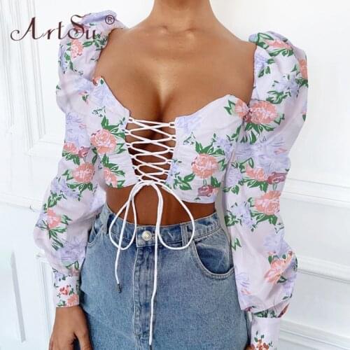 ArtSu Sexy Women Floral Print Crop Top Retro Puff Sleeve Party Blouses Shirt V-Neck Ladies Lace Up Hollow Out Bandage Top Autumn