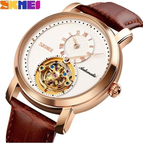 SKMEI Top Brand Tourbillon Design Automatic Mechanical Watch Classic Leather Watches Mens Rose Gold Mechanical Wristwatches