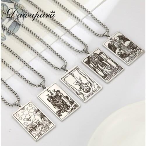 Dawapara The Major Arcana Tarot Cards Vintage Amulet Pendant Necklaces Box Chain Men Jewelry Stainless Steel Golden Black