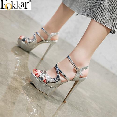 Eokkar 2019 Super High Heel Stiletto Pumps Shoes Peep Toe Patent Leather Silver Heel Sandals Platform Party Wear Shoes Size34-43