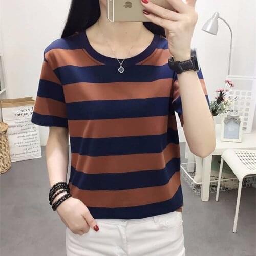 Summer New Large Size Dress Short Sleeve Womens Bottoming Shirt Loose Korean Striped T-shirt Outer Wear Shirt Women