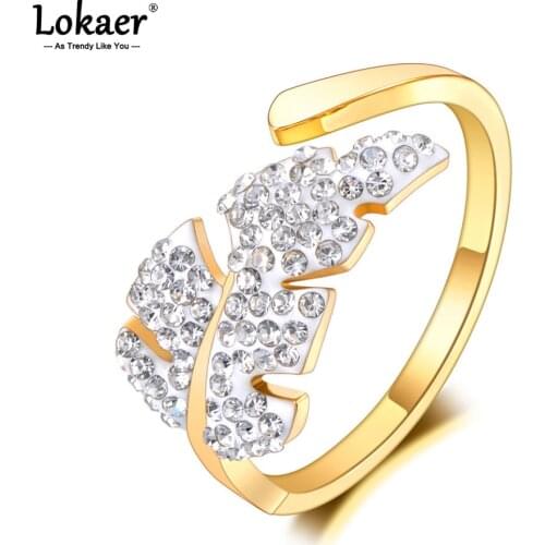 Lokaer Titanium Stainless Steel Bohemia Clay Rhinestone Leaves Ring Jewelry Exquisite CZ Crystal Party Rings For Women R21010