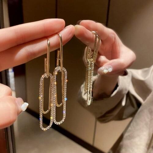 Metal shiny long earrings with diamond earrings French ladies new earrings wedding accessories simple style gift party