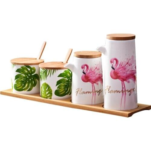 Ceramic Seasoning Pot Set Nordic Flamingo Kitchen Ware Set Sugar Salt Storage with Bamboo Spoon and Tray
