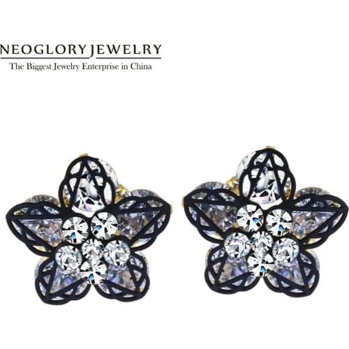 NEOGLORY Clear Cubic Zircon Earrings Studs Fashion Jewelry 2020 for Women Black Flower Accessories