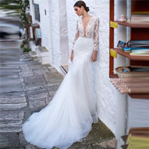 Long Sleeves Mermaid Lace Appliques Wedding Dress Natural Slim Fitted Bridal Gowns Tulle Sexy V-Shape Back Vestidos De Mariee