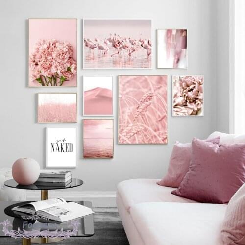 Pink Carnation Flower Wheat Head Flamingo Seascape Poster Wall Art Canvas Painting Nordic Pictures Interior Home Decoration