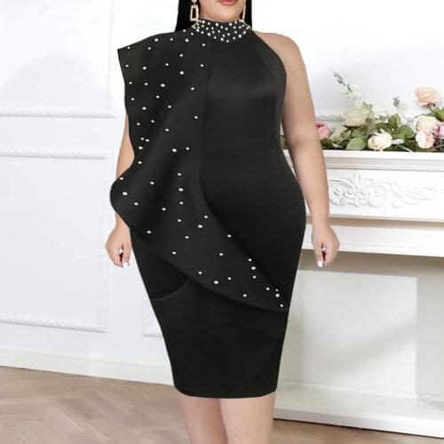 Plus Size Pink Dress One Shoulder Beading Knee Length Bodycon Fit Big Ruffles Tunics Female Elegant Prom Birthday Night Dresses