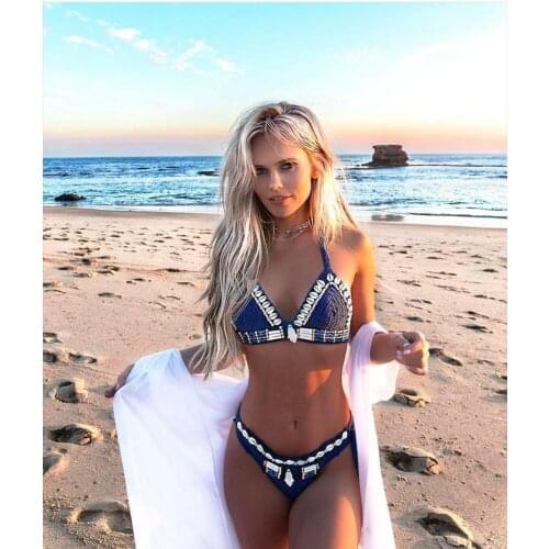 Sexy micro crochet bikini with shell blue halter hand made bikini swimwear handmade crochet swimsuit knitting bathing suit