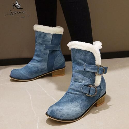 Sgesvier 2020 Winter Faux Fur Boots Chunky Heels Blue Black Denim Warm Plush Booties Buckle Womens Shoes Ankle Snow Boots