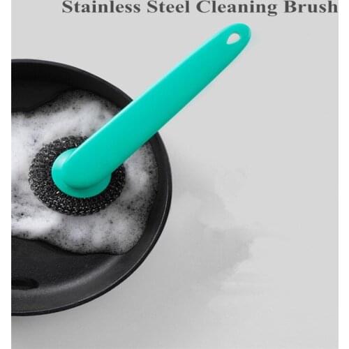 Long Handle Kitchen Clean Brush Stainless Steel Wire Ball Scourer Pan Bowl Pot Dish Grill Scrub Wash Clean Brushes Kitchen Clean
