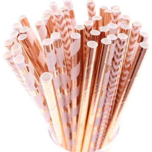 25/50pcs Aluminum rose gold foil paper straws stripe Dot mixed birthday party decoration adult wedding invitations party favors