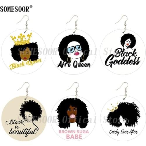 SOMESOOR Afro Queen Black Goddess Wooden Drop Earrings Beautiful Cruly Natural Hairs Designs Both Sides Printed For Women Gifts