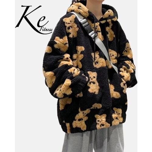 KE Lamb wool sweater 2021 mens winter couple wear bear lamb wool coat loose warm and velvet thick hood