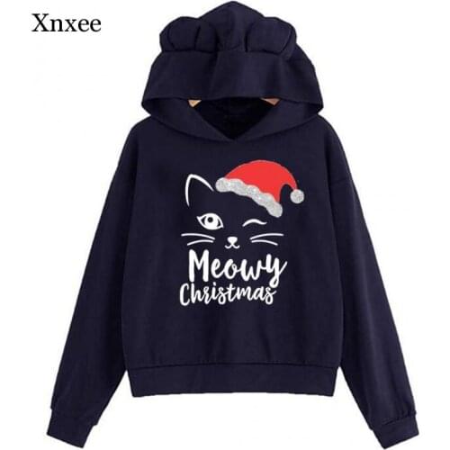 Harajuku Cat Print Bear Ears Christmas Hooded Long Sleeves Sweatshirt Spring Clothes Women Oversized Hoodies Pullover Clothing
