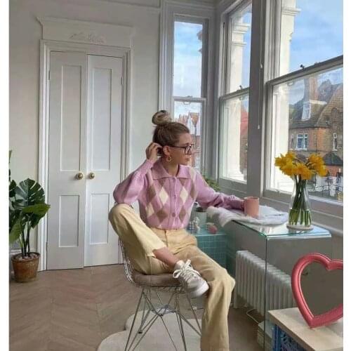 Breathable Girls Long Sleeve Knitwear Ladies Creative Diamond Plaid Lapel Single-breasted Knitted Coat Casual Cardigan