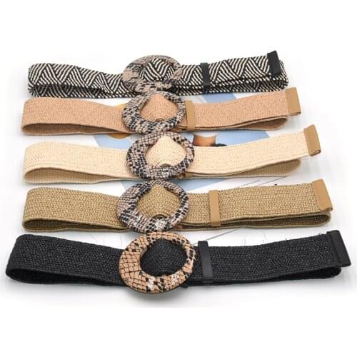 Vintage Bohemian Wide Belt Summer Wooden Buckle Wild Braided Belt Female Leopard Buckle Linen Weave Women Fake Straw Waist Belt