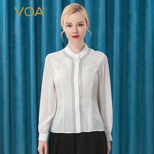 VOA Jacquard Silk Tops Ivory White Blouse BE223 Semi-high Collar Line Decorative Single-breasted Long-sleeved Women Shirts