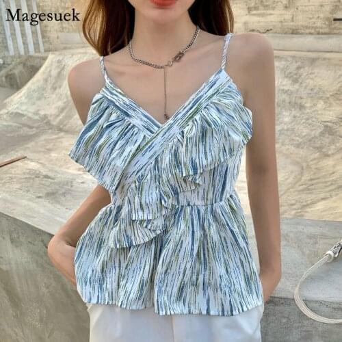 Backless Sexy Sling Women Blosues Summer Sleeveless Ruffled Stripe Print Shirt Female High Stree Vintage Slim V Neck Tops 15411