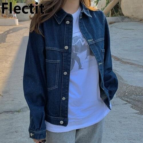 Flectit Dark Denim Coat Women Full Sleeve Turn-Down Collar Patch Pocket Single Breasted Vintage Jean Jacket Spring Autumn
