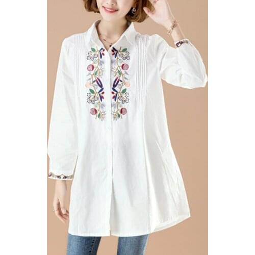 Spring Fall Vintage Women Embroidered Flower Red White Long Sleeve Cotton Tops And Blouses 2019 Womens Pleated 3xl Loose Blouse