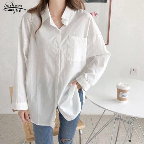 Spring New Loose Long Sleeve Blouse White Shirt Women Pocket Turn Down Collar Casual Ladies Cotton and Linen Tops Blusas 12807