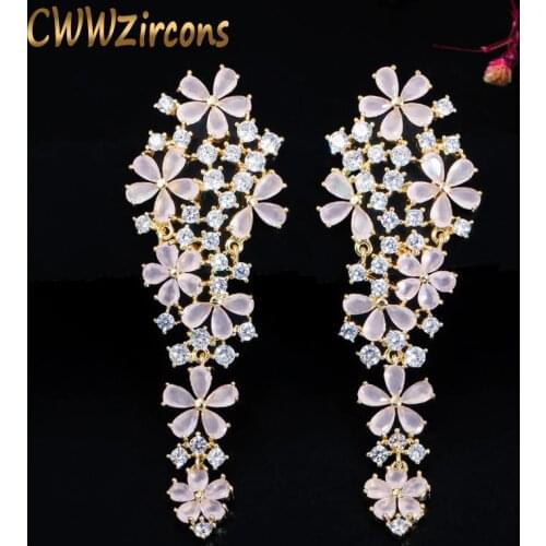 CWWZircons Elegant Long Drop Light Pink CZ Crystal Dangling Flower Earrings for Women Fashion Brand Bridal Banquet Jewelry CZ663