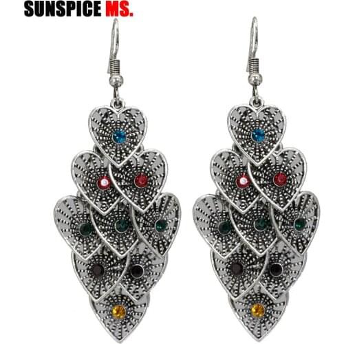 SUNSPICE MS Antique Silver Color Bohemia Heart Dangle Earrings For Women Retro Vintage Gypsy Handmade Indian Jewelry Wholesale