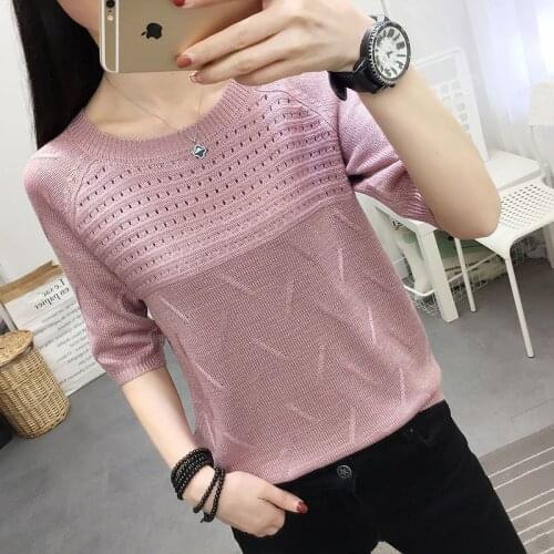 Woman Sweaters Pullover Summer Knitted T-shirt Short-Sleeved Womens Loose Hollow Top Femme Chandails