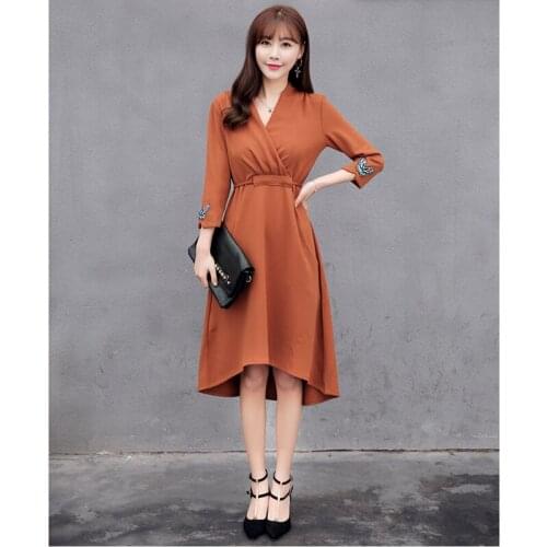 Dress Elegant Ladies Khaki Cotton Dress Women V-Neck Solid High Waist Dresses Girls Embroided knee Length Robe Femme Ete 2018