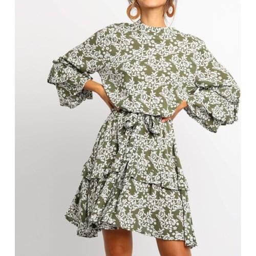 3/4 Sleeve Floral Print Ruffles Dress Women Stand Collar Sashes Beach Casual Dress Summer Boho Chiffon Mini Dresses Vestidos