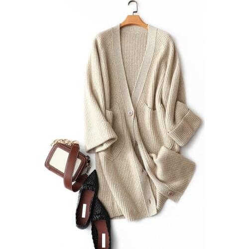 100% cashmere ribbed knit cardigan women long sleeve v neck buttons winter coat