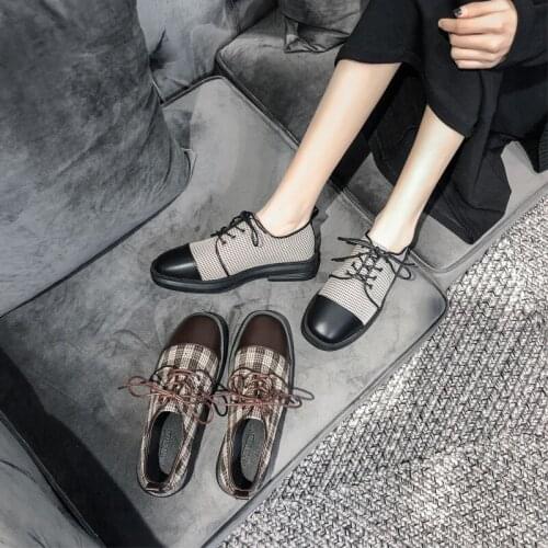 2020 new Joker British style shoes net red small breeze women shoes plaid lace casual shoes