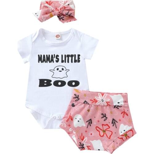 Halloween Childrens Clothings 3Pcs Set Short Sleeve Round Neck Print Romper Shorts Headband Cotton Baby Girl Clothes 0-24M