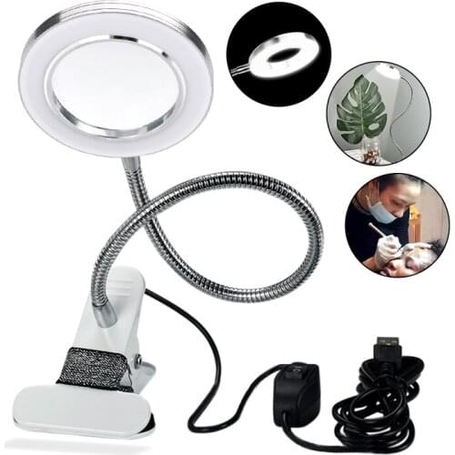 8X Magnifying Glass Cold Light LED Lamp Reading Repair Nail Art Tattoo Anti-skid Equipment Clip Glass Table Lamp Beauty Salon