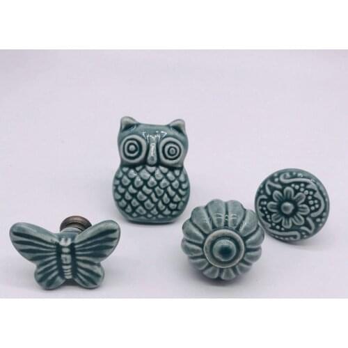 1pcs Green Ceramic European Cabinet Handles Creative Owl Pumpkin Blossom Relief Look Design Kitchen Cabinet Pulls Drawer Knobs