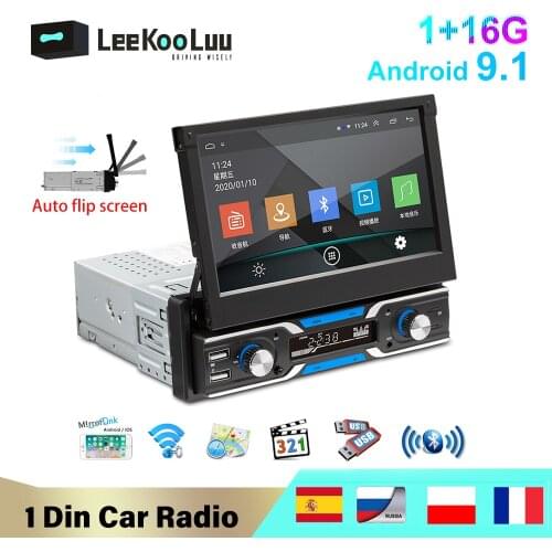 LeeKooLuu 1 Din Android 9.1 Car Radio 7'' Auto Retractable Screen Stereo GPS Navigation WiFi Bluetooth Multimedia Player no DVD