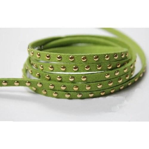 Free Ship 5mm 100 Meters Lime Green Glitter Suede Leather With Gold Studs, 5mm Flat Suede Leather Cord